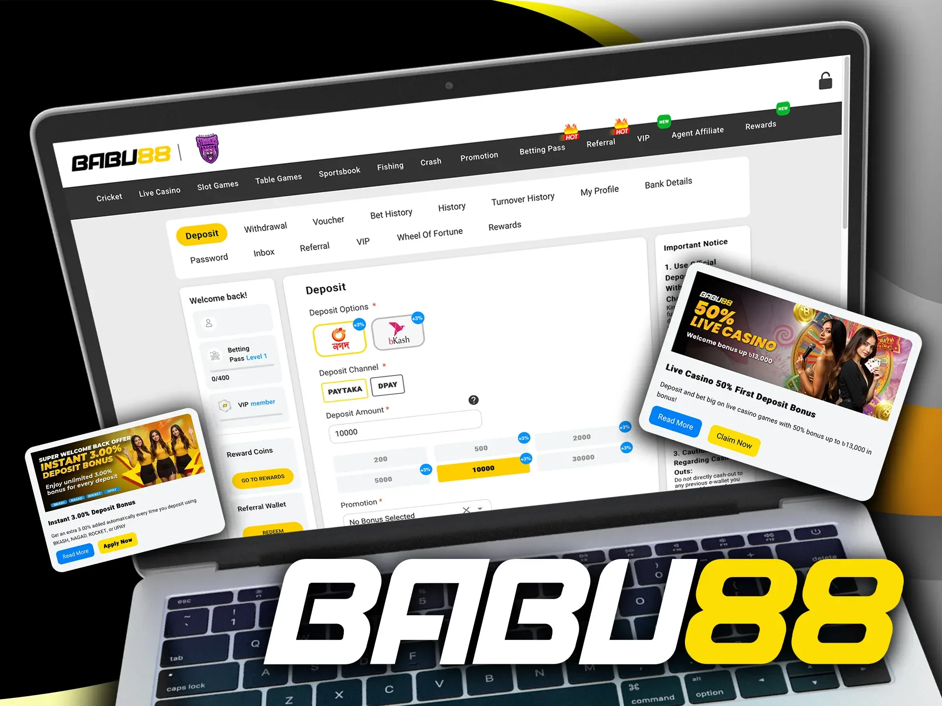 Babu88 offers multiple payment options for bonus-related deposits and withdrawals.