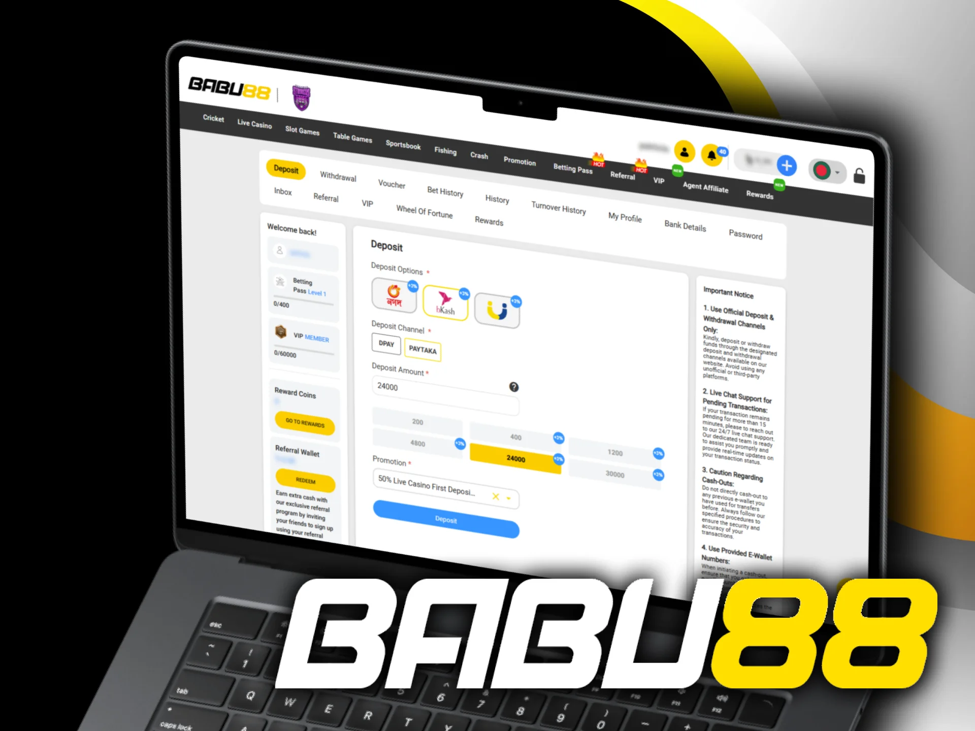 Select your preferred payment options for playing at Babu88's live casino.